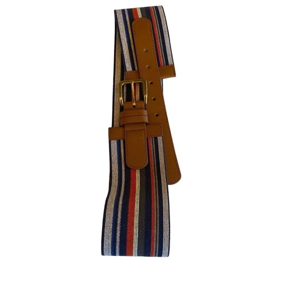 LOFT Striped Wide Stretch Leather Trim Waist Belt Size M/L - Picture 1 of 5
